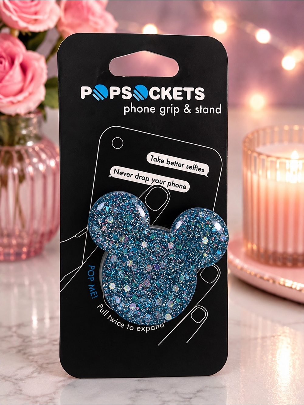 PopSocket Glitter Mouse Ear Phone Grip in Sparkling Teal & Blue